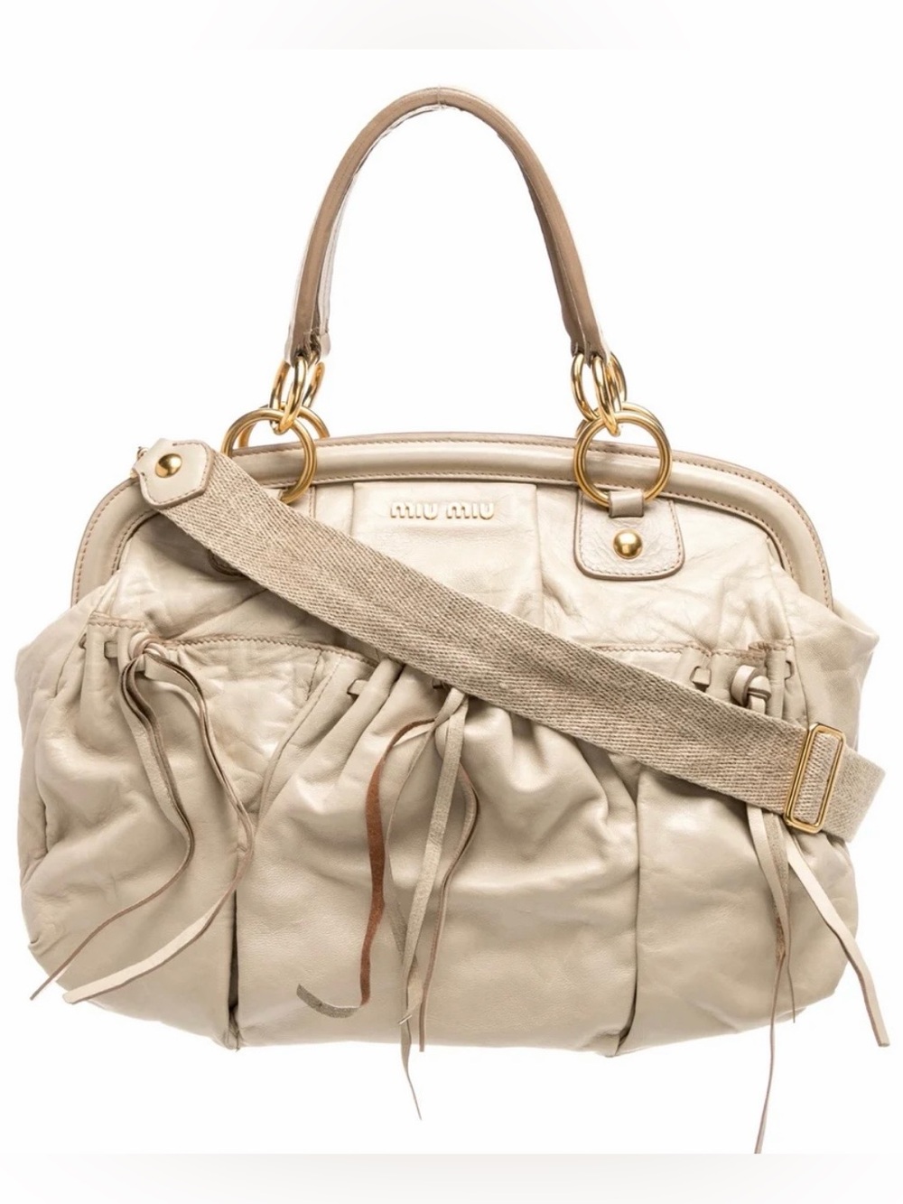 Miu Miu Cream Ruched Leather Shoulder Bag with Gold Hardware